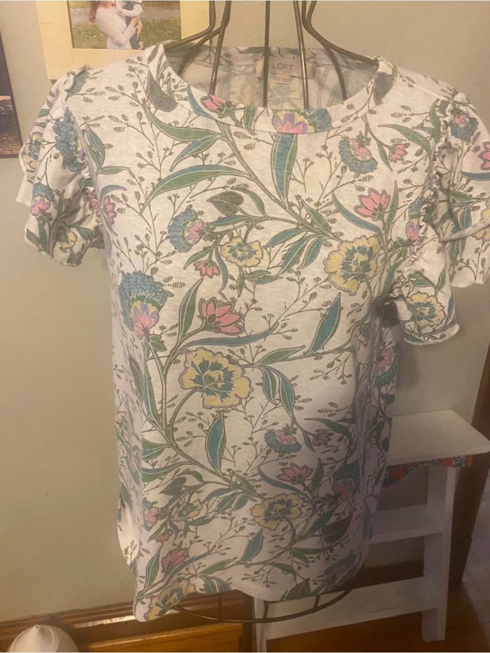 LOFT White Short Sleeve Tee with Pastel Floral Print